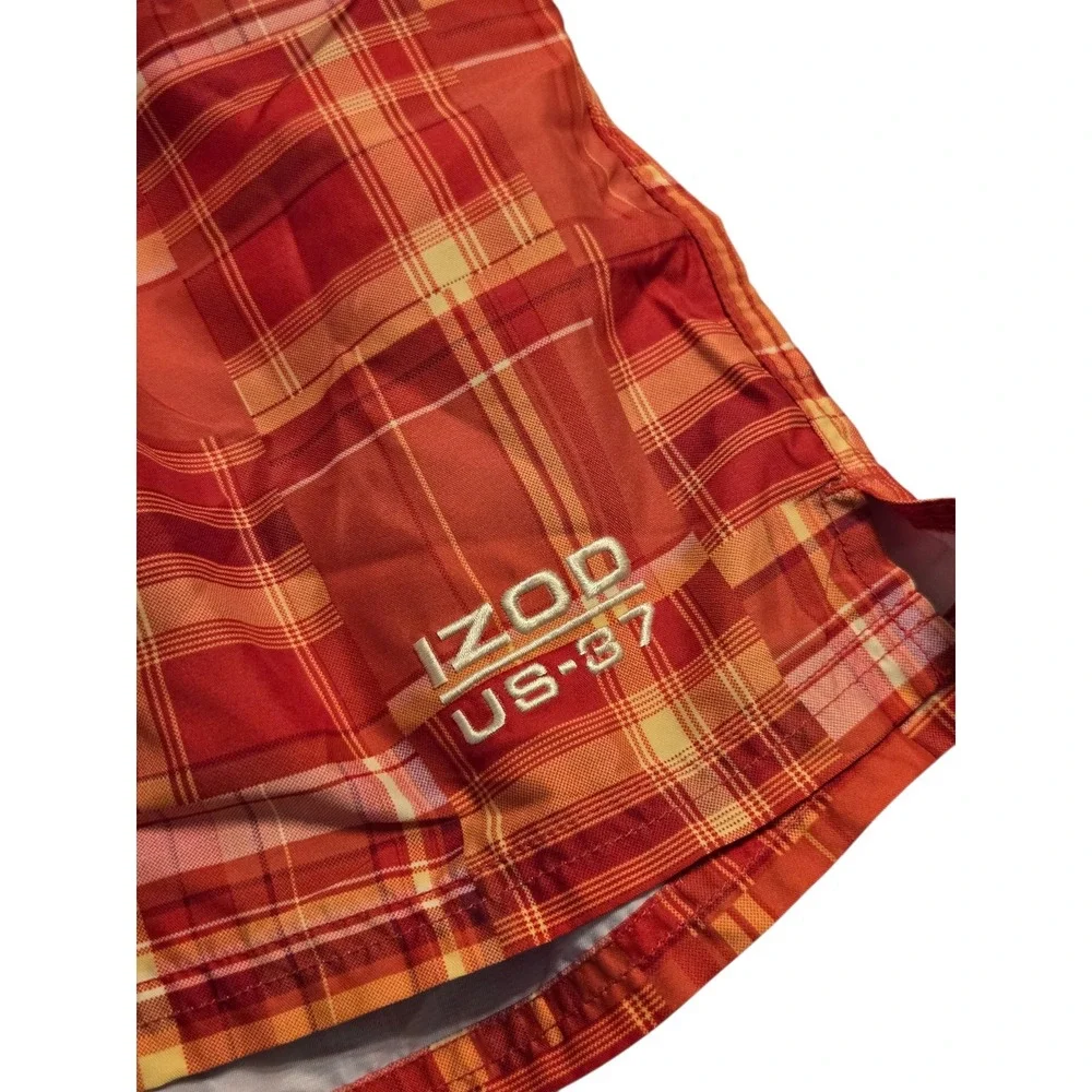 IZOD PerformX Boys Swim‎ Trunks Orange Red Plaid Board Shorts Size L Large